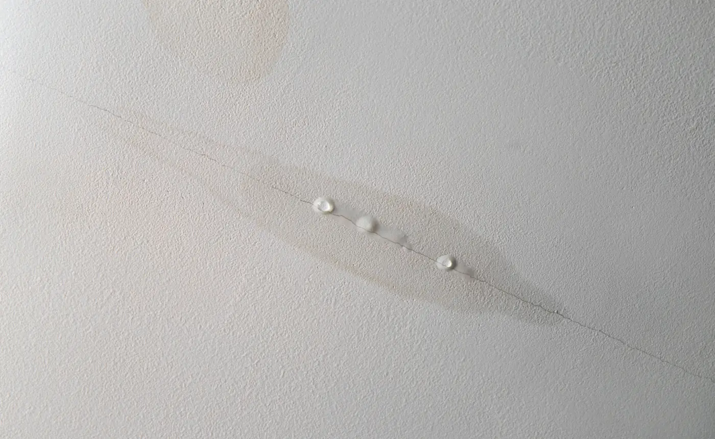 Water dripping through a cracked, stained ceiling from a leaking pipe above